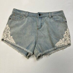 Re-Order Womens Jean Shorts Multicolor Cut Off Lace Applique Mid Rise Denim L